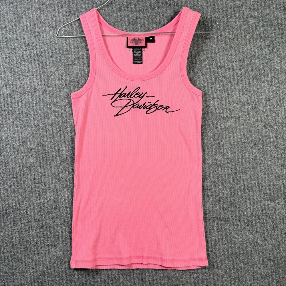 Harley Davidson Tank Top Womens Medium Pink Embroidered Ribbed Made in USA